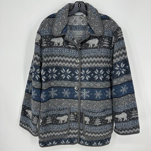 Vintage Fair Isle Wool Jacket M Bear Trees Shacket Button Down Gray Blue - Picture 1 of 7